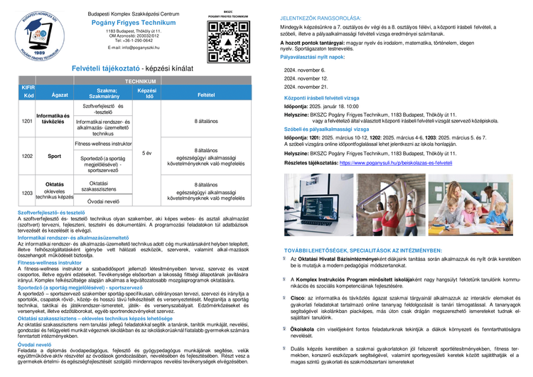 Tájékoztató a BKSZC Pogány Frigyes Technikum középfokú felvételi eljárásáról